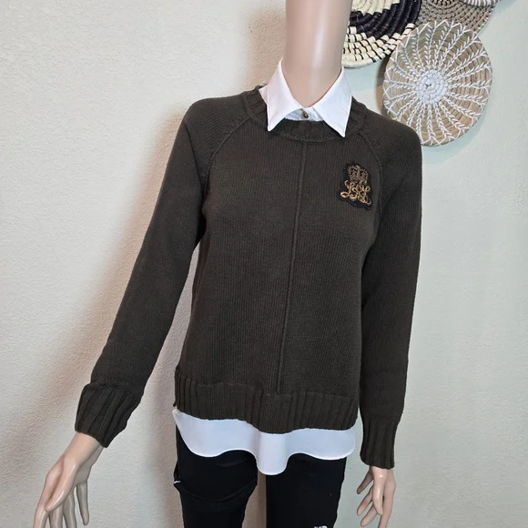 LAUREN RALPH LAUREN Womens Sweater Layered Bullion Patch Logo Brown Small - Picture 10 of 16